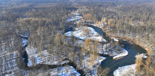 River winter floodplain delta snow meander drone aerial inland video shot in sandy sand alluvium freezing cold frost, benches forest and lowlands wetland swamp, quadcopter view flying fly flight show photo