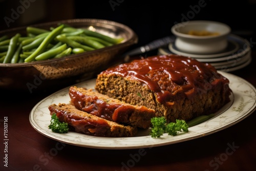  a meatloaf on a plate with green beans and a bowl of green beans on a table in the background.