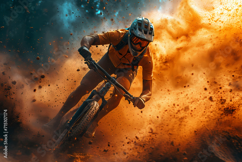 A daring stunt performer navigates through rugged terrain on their offroading bicycle, equipped with a helmet and sports equipment, in an adrenaline-fueled freeride of extreme sports and racing photo