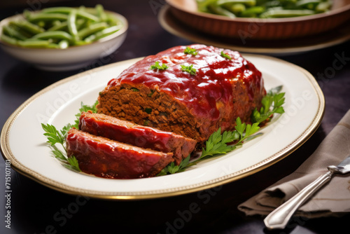  a piece of meatloaf on a plate with a side of green beans and a bowl of green beans.