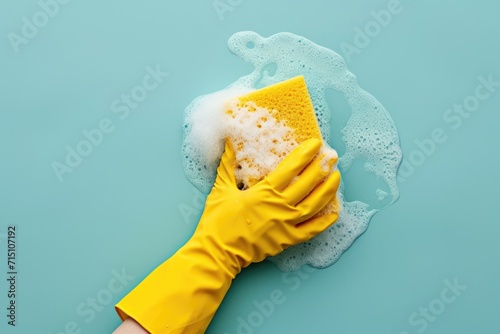 Hand in yellow rubber glove holding cleaning sponge and wiping soapy foam on mint background. Spring cleaning, home cleaning, cleaning service and hygiene concept. Flat lay design for banner, poster