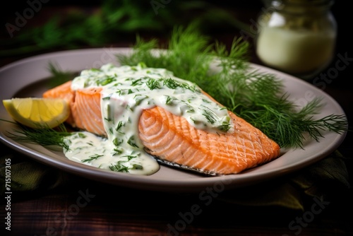  a white plate topped with a piece of salmon covered in sauce and garnished with dill and lemon wedges.