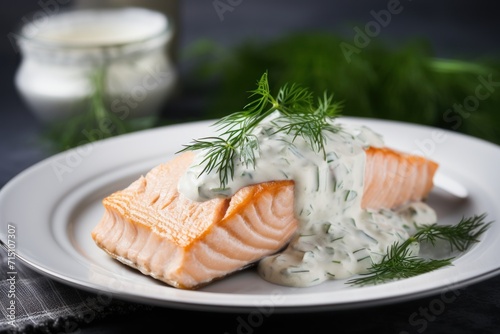  a white plate topped with a piece of salmon covered in a sauce and garnished with a sprig of dill.