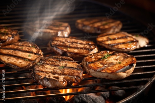  a close up of a grill with steaks and mushrooms cooking on a grill with a lot of smoke coming out of the grill.