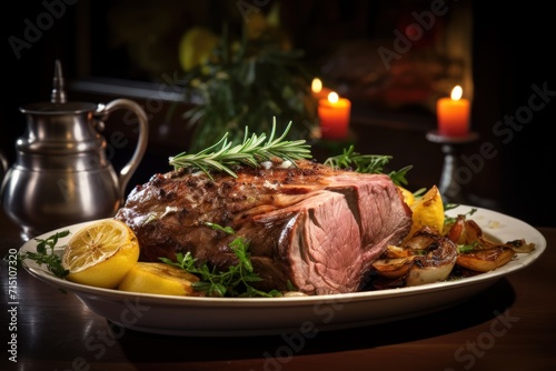  a large piece of meat on a plate with potatoes and lemons on a table next to a tea pot.