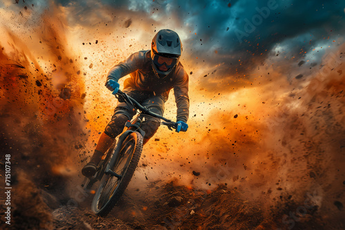 A daring cyclist performs gravity-defying stunts on their bike, deftly maneuvering the rugged terrain with their trusty helmet and handlebars as their only guides photo