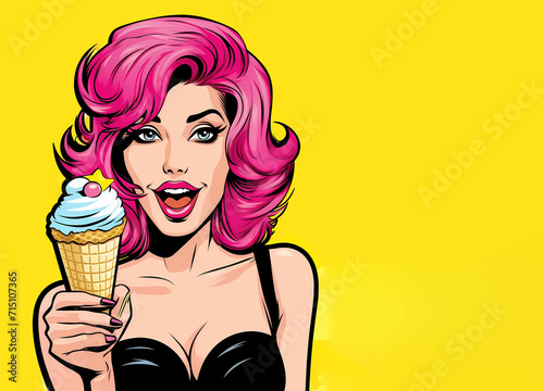 Sexy surprised pop art woman with pink hair, open mouth, eating an ice cream cone isolated on a yellow background. Retro pop art style. horizontal. 