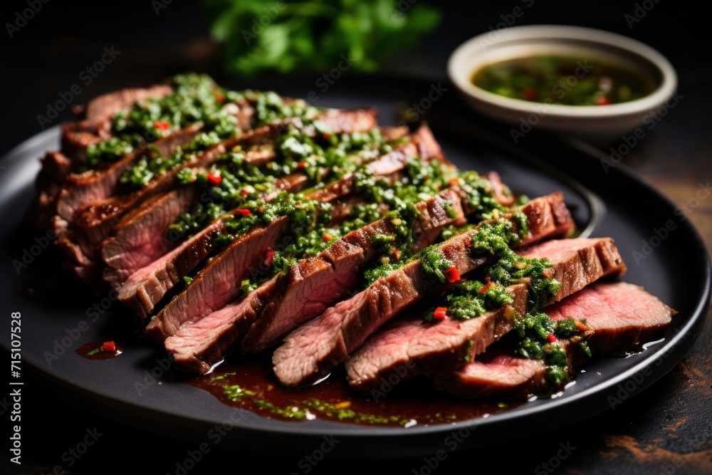  a black plate topped with sliced meat covered in sauce and garnished with green herbs and garnishes.