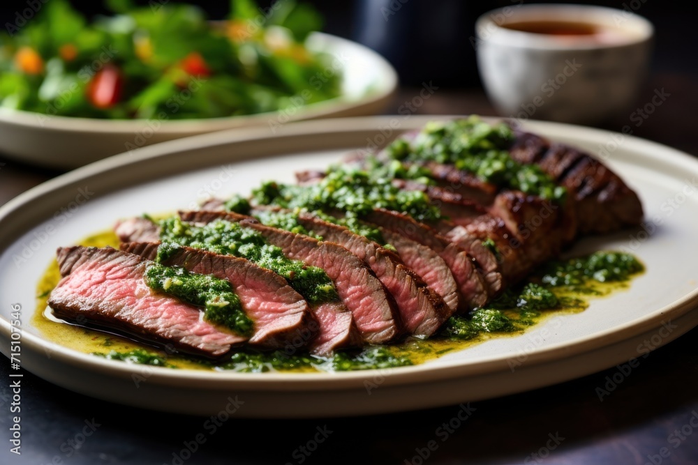  a close up of a plate of food on a table with a bowl of salad and a plate of meat.