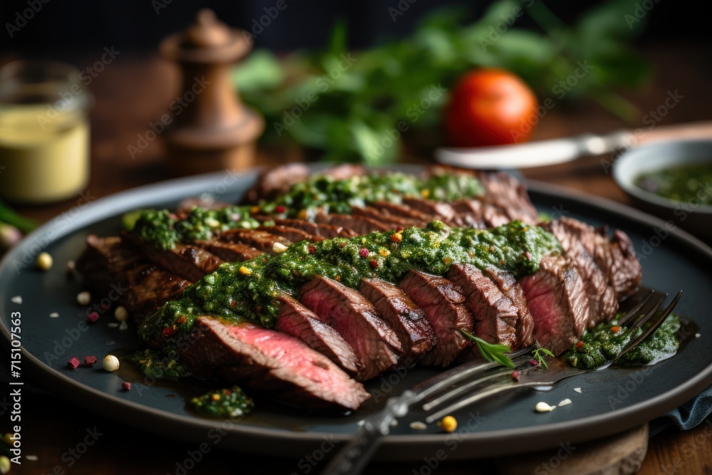  a close up of a steak on a plate with a knife and fork next to a bowl of pesto.