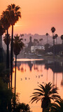 Tranquil Sunset over Echo Park Lake with Swan Boats Docking-Palm Trees Silhouetted against LA Skyline