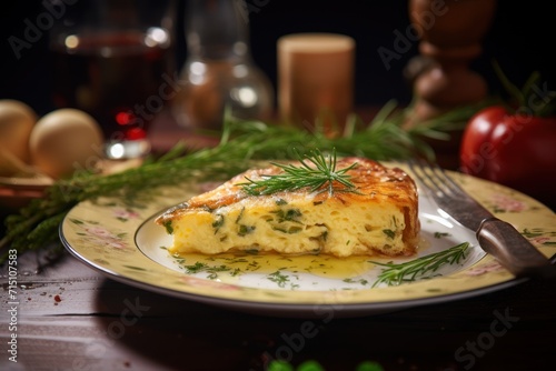  a piece of quiche on a plate with a knife and fork next to a plate of eggs and tomatoes.
