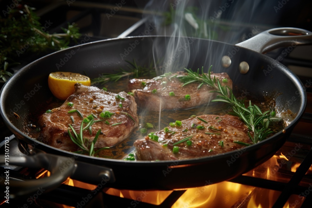 steaks being cooked in a skillet on a stove with a lemon and rosemary garnish on the side. steaks being cooked in a skillet on a stove with a lemon and rosemary garnish on the side.