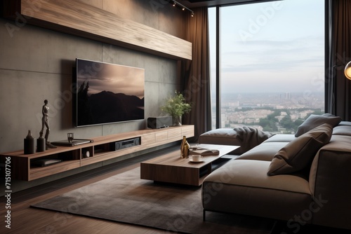 Modern Living Room Loft, Gray Sofa, TV Unit, Contemporary Interior Design with Minimalist Aesthetic