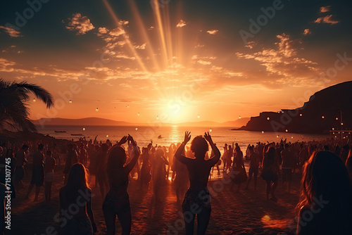 A crowd of people dancing and having fun at a beach party at sunset. Vacation concept. Generated by artificial intelligence