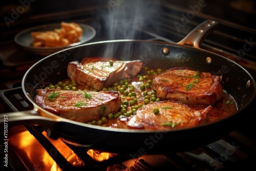  pork chops and peas cooking in a skillet on an open stove top with a frying pan in the background.