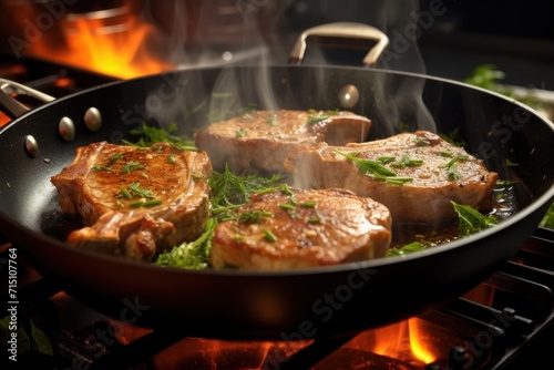  steaks being cooked in a skillet on an open flamed grill with a wooden spatula on the side of the skillet.