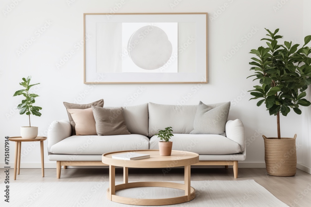 Round coffee table near grey sofa against white wall with art frame. Scandinavian home interior design of modern living room. Round coffee table near grey sofa against white wall with art frame. Scandinavian home interior design of modern living room.