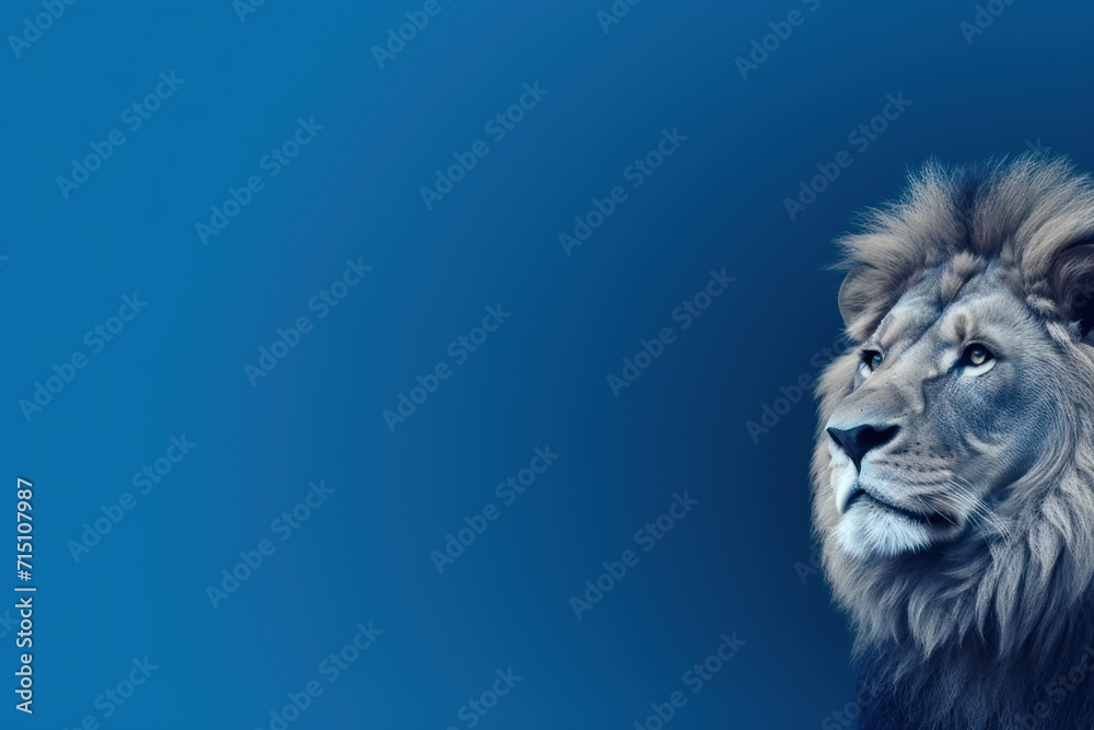  a close up of a lion's face against a blue background with a soft focus on the lion's head.