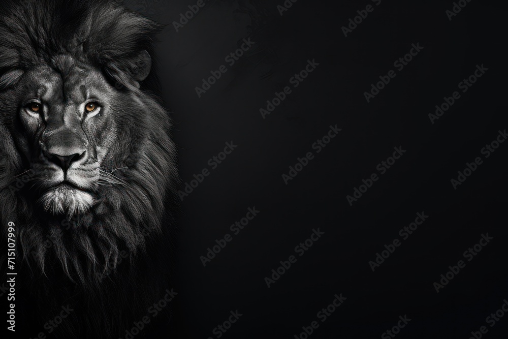  a black and white photo of a lion's face with a serious look on it's face, against a dark background.