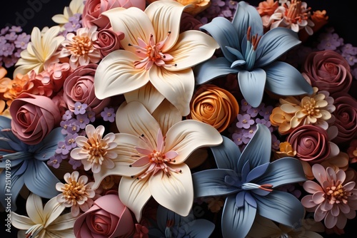 a close up of a bouquet of flowers with many colors of flowers in the middle of the bouquet and the center of the flowers in the middle of the bouquet.