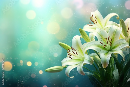  a bouquet of white lilies in front of a blue and green boke of light and a blurry background.