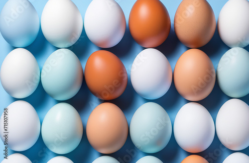 Pattern of painted multi-colored eggs. Easter festive food background