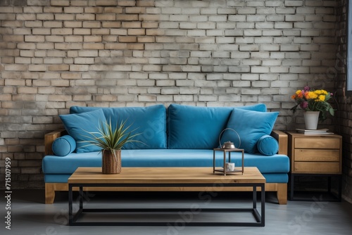 Modern Living Room, Rustic Coffee Table, Blue Sofa, Brick Wall, Farmhouse Interior Design