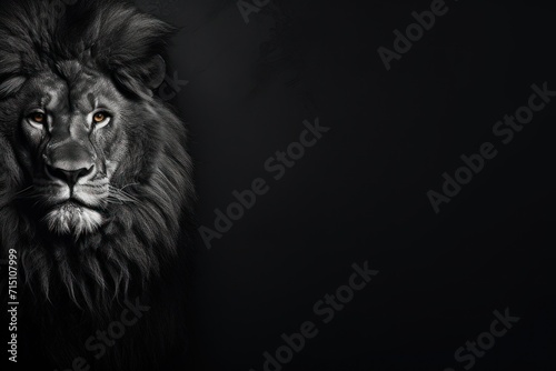  a black and white photo of a lion s face with a serious look on it s face  against a dark background.