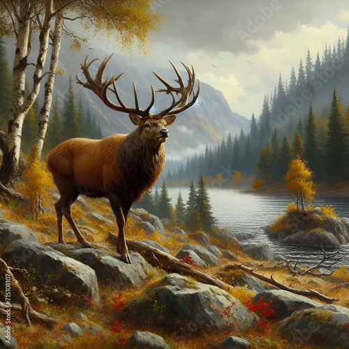 Painting of a Wild Deer Stag with Large Antlers on its' Head Standing Tall by the Rocks by the Edge of a Spring Lake in the Nature Forest in the Autumn Season on Cloudy Day Natural Habitat Elk Animal © Frank