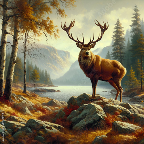Painting of a Wild Deer Stag with Large Antlers on its' Head Standing Tall by the Rocks by the Edge of a Spring Lake in the Nature Forest in the Autumn Season on Cloudy Day Natural Habitat Elk Animal photo