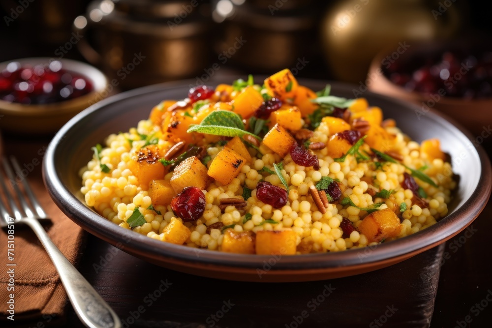  a close up of a plate of food on a table with a fork and a bowl of cranberries.