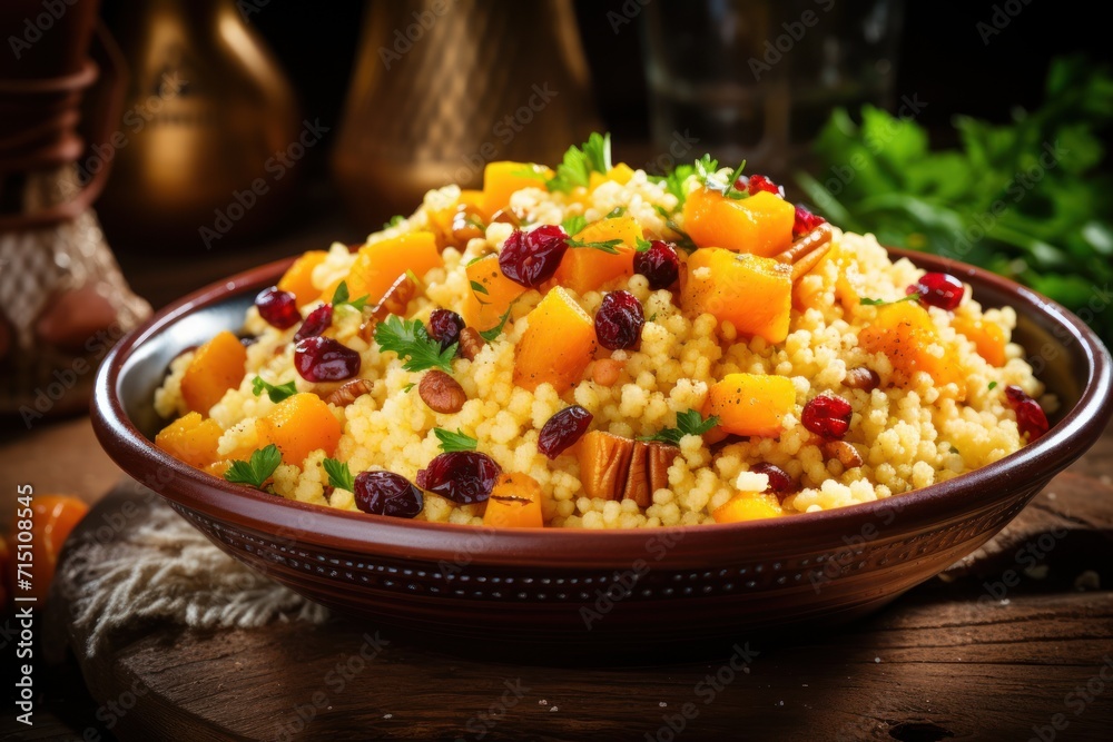 a bowl of couscous with cranberries, oranges, nuts, and parsley on a wooden table. a bowl of couscous with cranberries, oranges, nuts, and parsley on a wooden table.