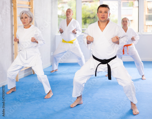Sportive middle-aged male practitioner of karate courses performing fighting positions during training session