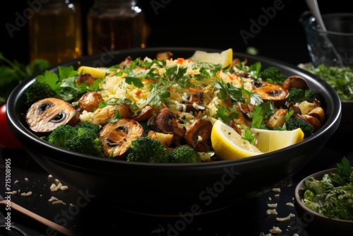  a close up of a bowl of food with broccoli, mushrooms, lemon, and parmesan cheese.