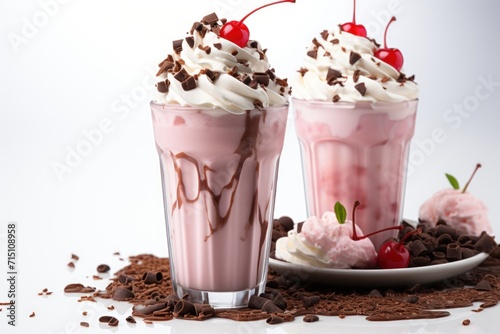 two ice cream sundaes with whipped cream and cherries on a white plate with chocolate chips and cherries.