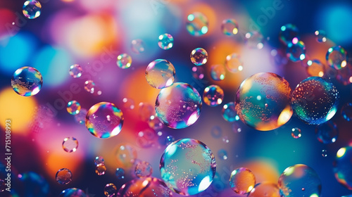 An image of soap bubbles of various sizes and colors with a beautiful bokeh background. Generative AI
