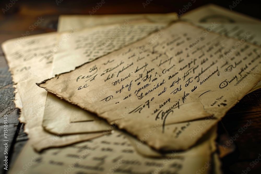 Old letters on the wooden table. Vintage style. Selective focus. A macro shot of yellowed and forgotten handwritten letters, showcasing the delicate curves of forgotten words. 