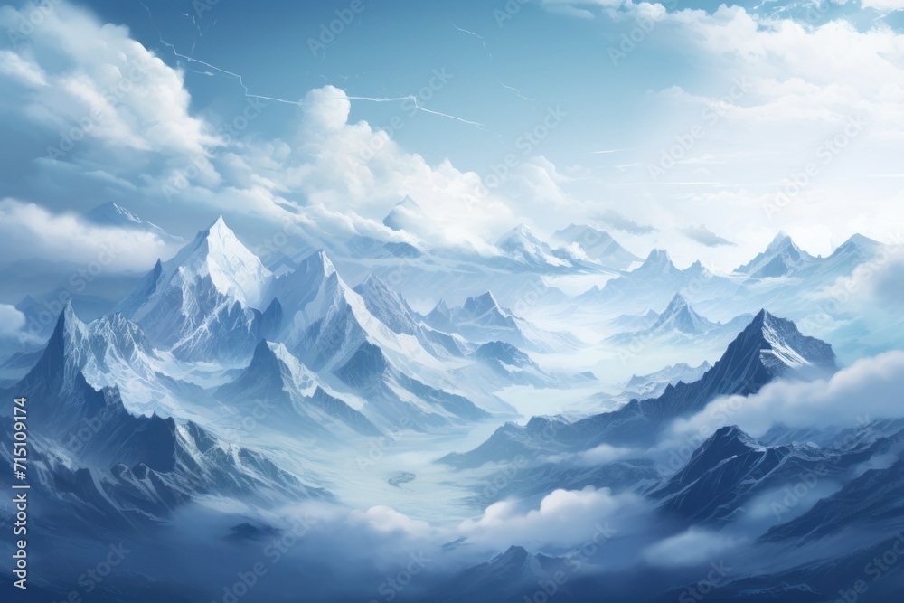 a painting of a mountain range with clouds in the foreground and a blue sky with white clouds in the background.