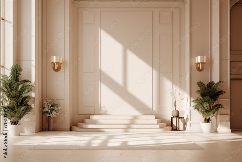 a room with a bunch of potted plants on the side of the wall and a set of stairs leading up to the second floor. a room with a bunch of potted plants on the side of the wall and a set of stairs leading up to the second floor.