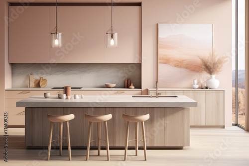  a kitchen with a center island with three stools next to it and a painting on the wall behind it. © Nadia