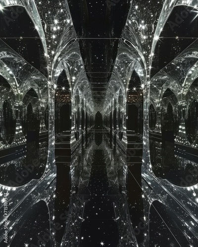 A mesmerizing image capturing the illusion of an infinite corridor of mirrors, maze, labirynth, creating a play of reflections that seem to extend into eternity. 
