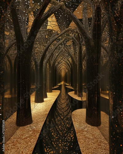 A mesmerizing image capturing the illusion of an infinite corridor of mirrors, maze, labirynth, creating a play of reflections that seem to extend into eternity. 