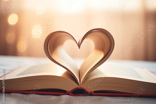  an open book with a heart shape cut out of it on top of a bed in front of a window. photo