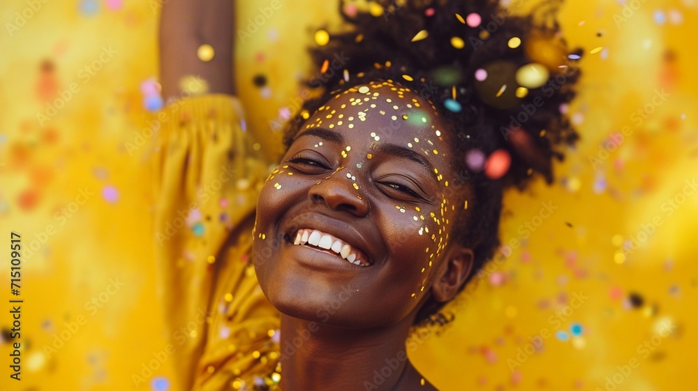 Beautiful African woman throwing confetti and smiling against yellow background