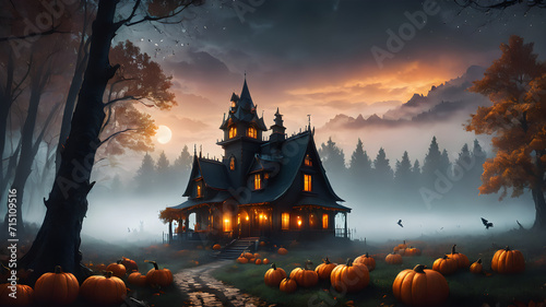 Pumpkins and haunted mansion, Halloween background, AI generated illustration