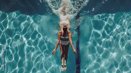 Beautiful Female Swimmer Diving in Swimming Pool. Professional Athlete Standing on a Starting Block, Ready to Jump into Water. Person Determined to Win Championship. High Angle view. photo