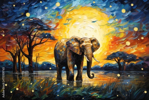  a painting of an elephant standing in the middle of a body of water with trees and a bright sun in the background.