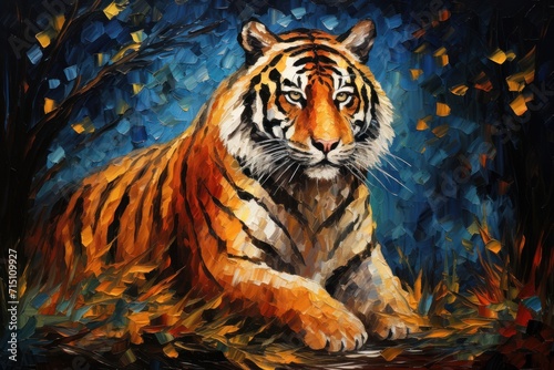  a painting of a tiger sitting in the middle of a forest with leaves on the ground and a blue sky in the background.