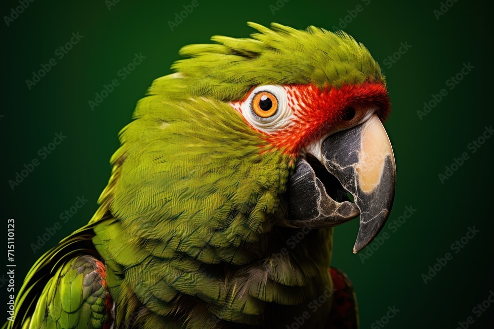  a close up of a green parrot with a red head and yellow and orange feathers on it's head.